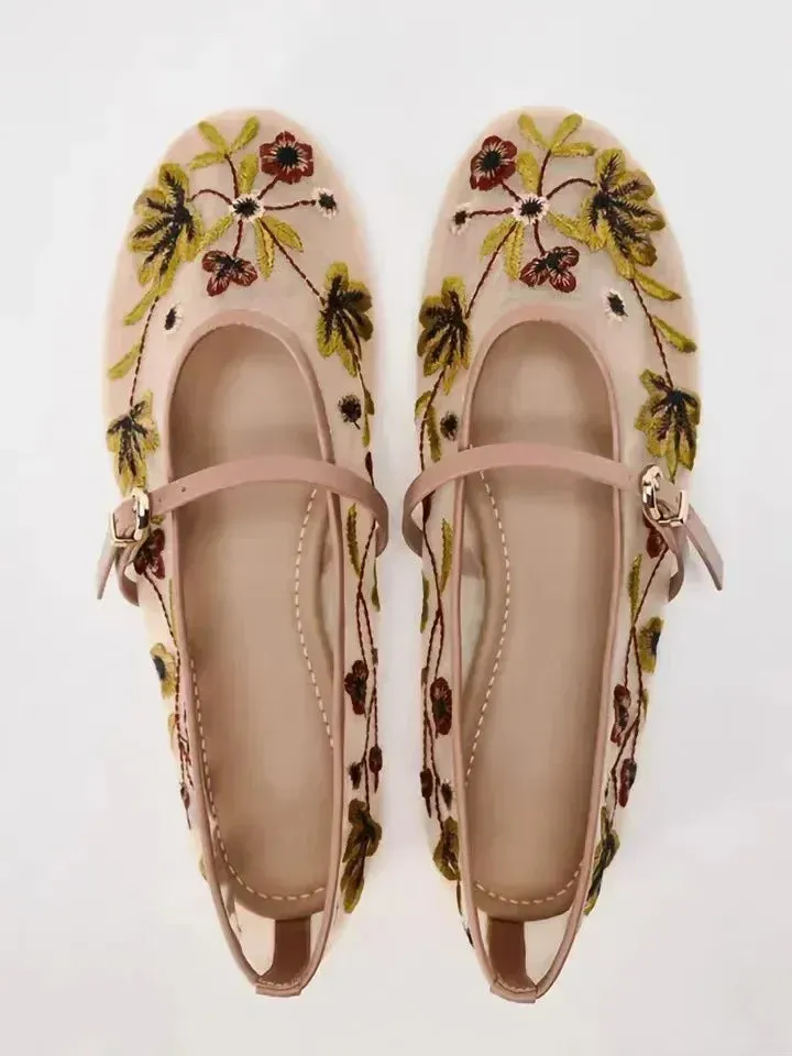 New Women's Mesh Breathable Ballet Flats – Luxury Designer Embroidered Flower Mary Jane Shoes | Light & Comfortable Low-Heel Summer Flats