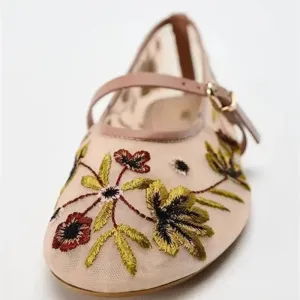New Women's Mesh Breathable Ballet Flats – Luxury Designer Embroidered Flower Mary Jane Shoes | Light & Comfortable Low-Heel Summer Flats