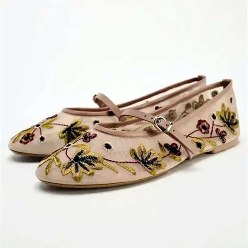 New Women's Mesh Breathable Ballet Flats – Luxury Designer Embroidered Flower Mary Jane Shoes | Light & Comfortable Low-Heel Summer Flats