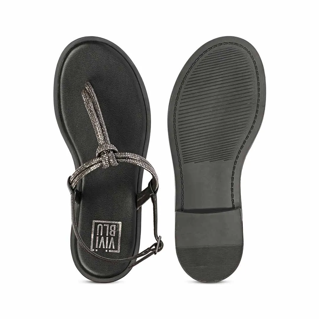 Nika Gunmetal Leather Flat Sandals