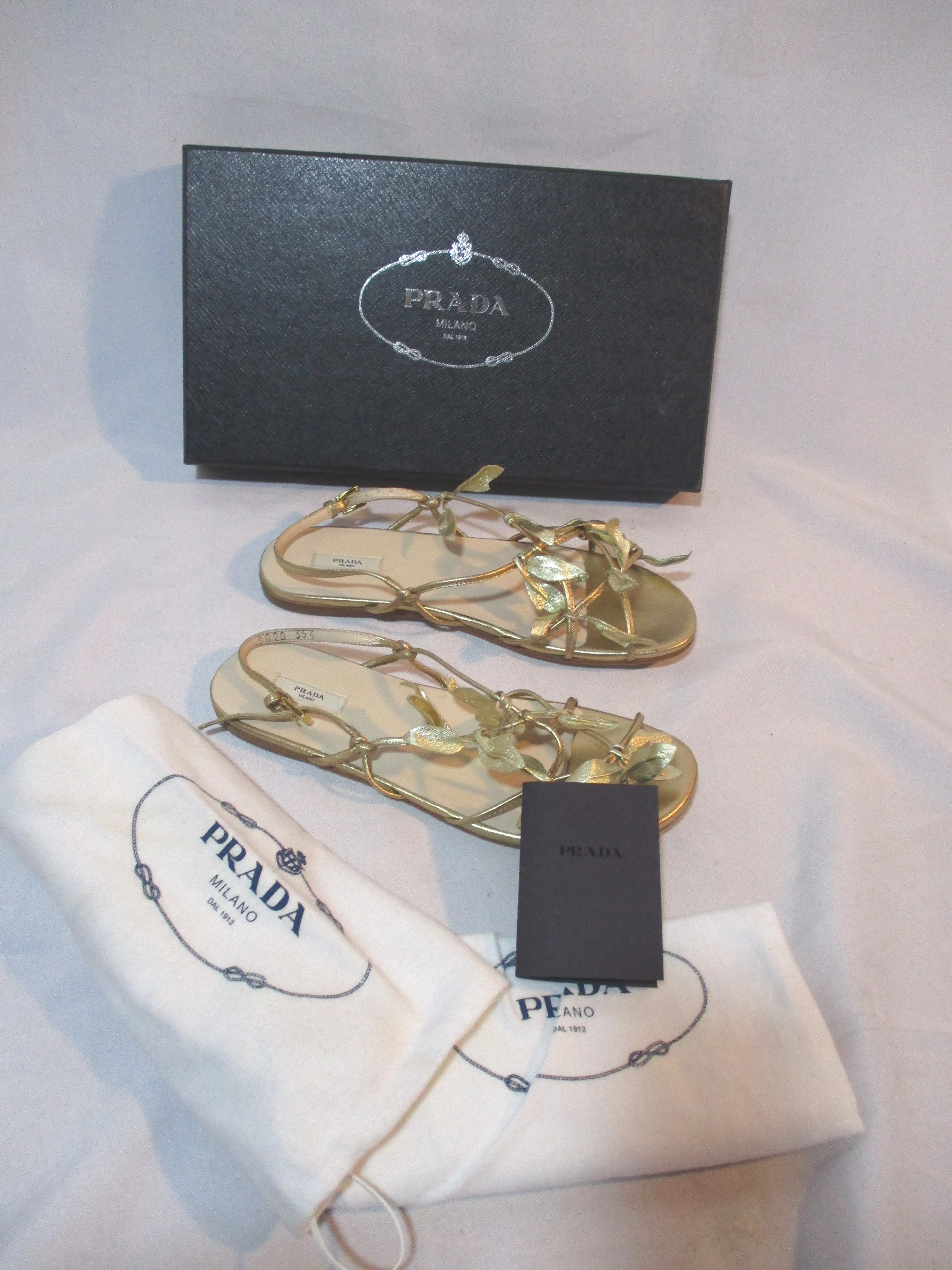 PRADA MILANO SILK FOGLIA ORO Leather GOLD LEAF Shoe Sandal 35.5 Flat