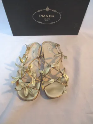 PRADA MILANO SILK FOGLIA ORO Leather GOLD LEAF Shoe Sandal 35.5 Flat