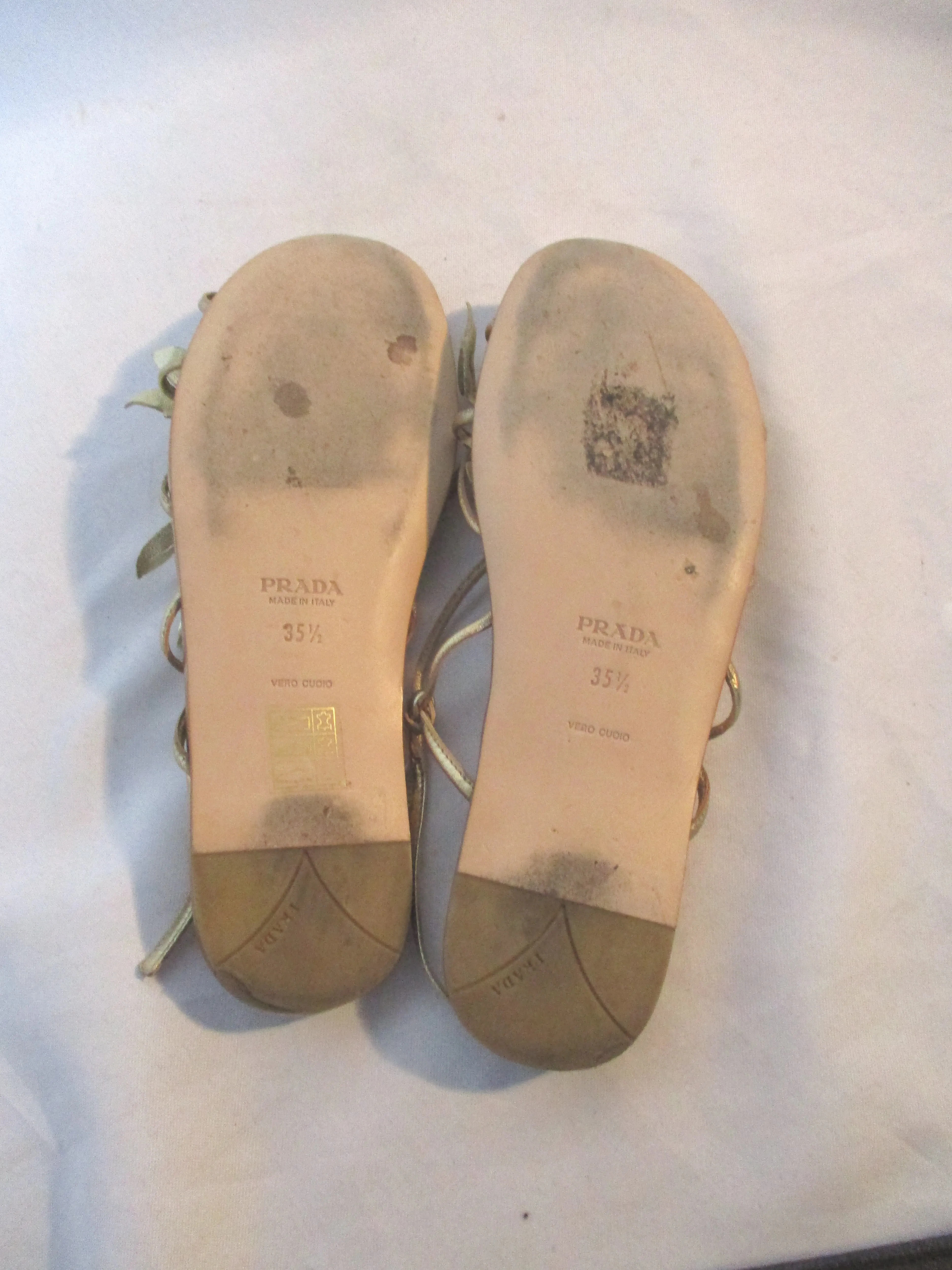 PRADA MILANO SILK FOGLIA ORO Leather GOLD LEAF Shoe Sandal 35.5 Flat