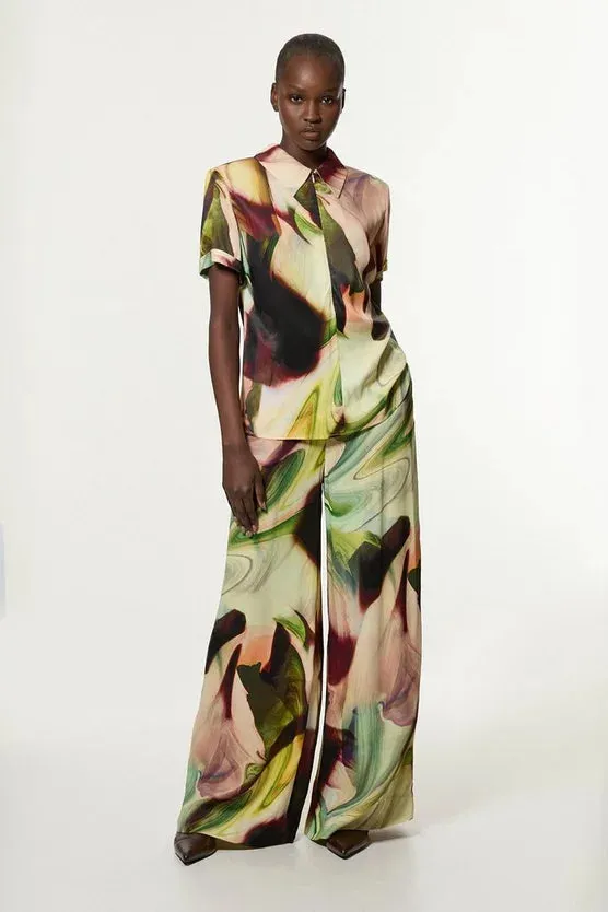 Printed Satin Woven Wide Leg Trouser