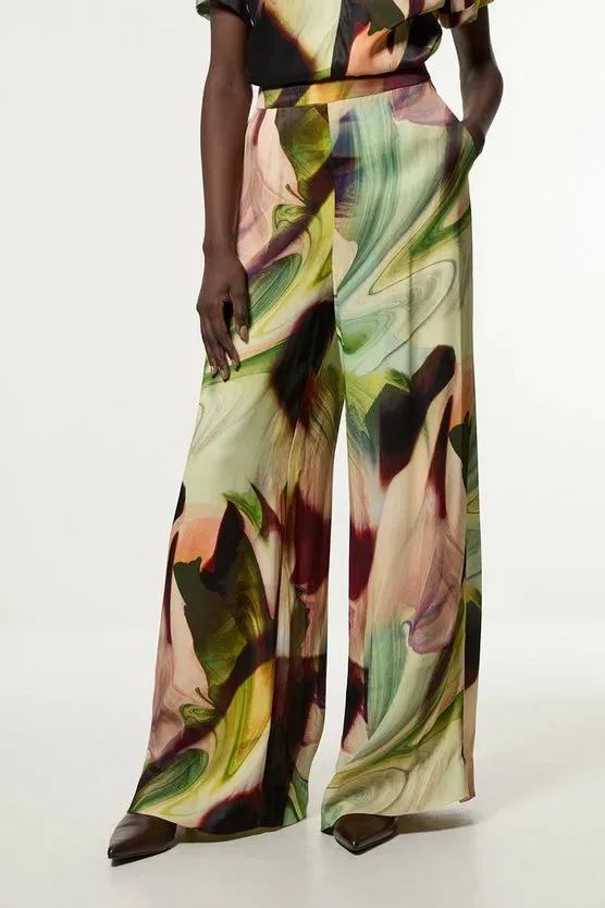 Printed Satin Woven Wide Leg Trouser