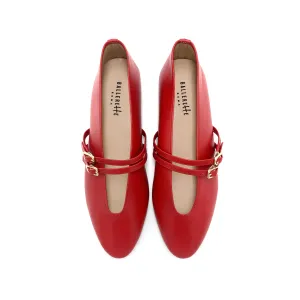 Red Leather Ballet Flats with V-Cut and Straps