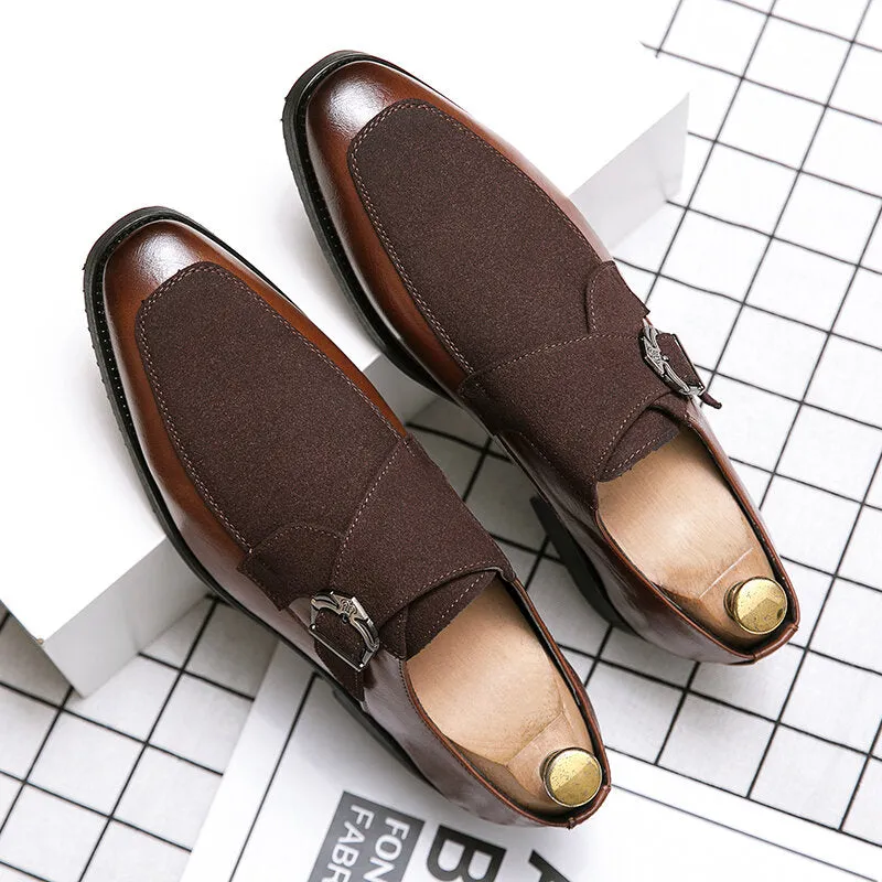 Retro Metal Buckle Leather Splicing Synthetic Suede Wearable Business Casual Men Dress Shoes