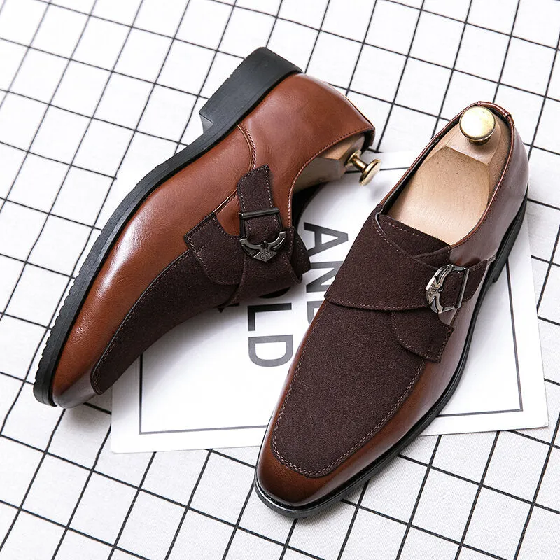 Retro Metal Buckle Leather Splicing Synthetic Suede Wearable Business Casual Men Dress Shoes