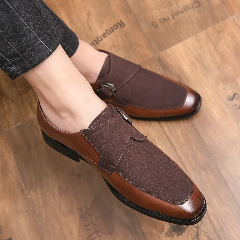 Retro Metal Buckle Leather Splicing Synthetic Suede Wearable Business Casual Men Dress Shoes