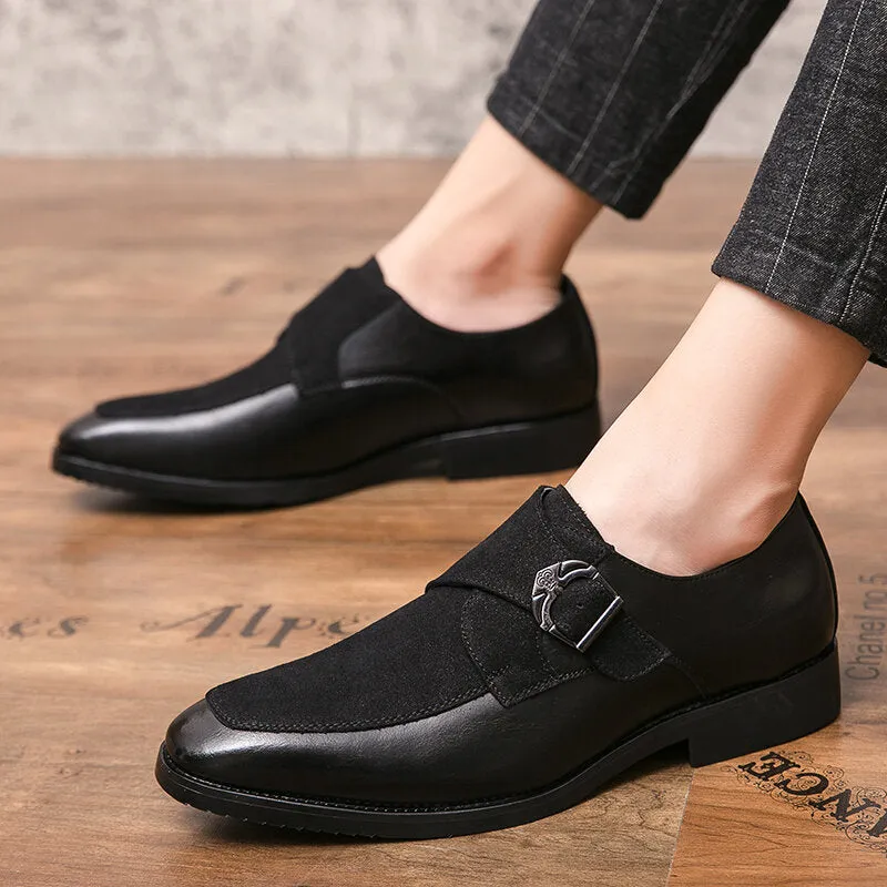 Retro Metal Buckle Leather Splicing Synthetic Suede Wearable Business Casual Men Dress Shoes