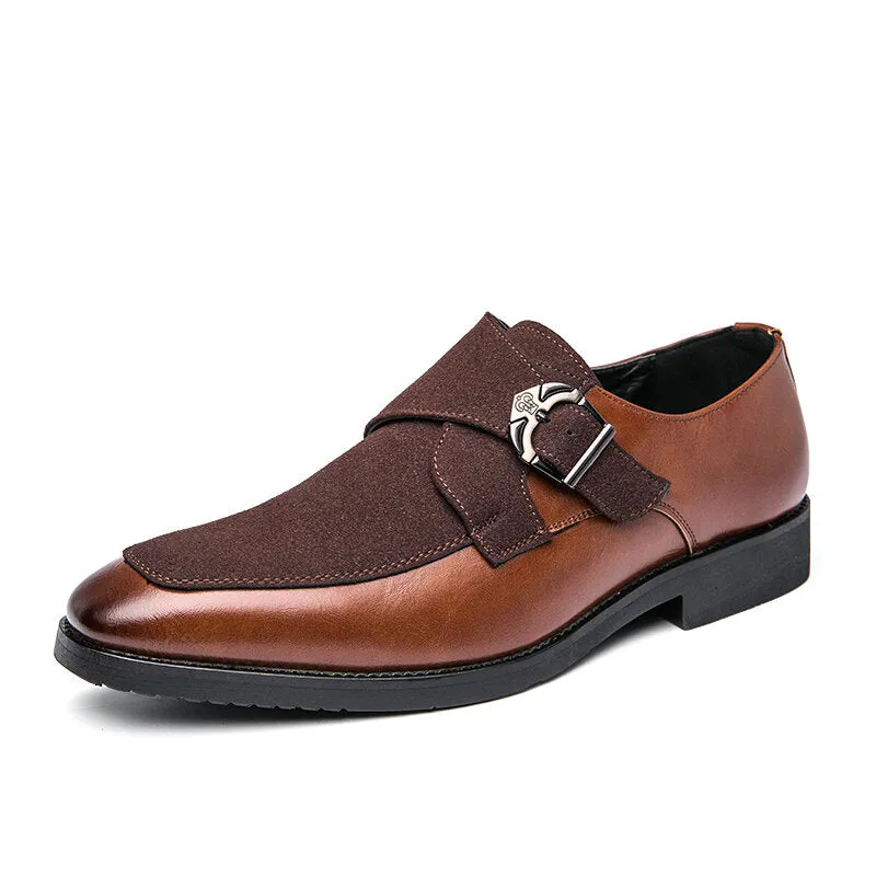Retro Metal Buckle Leather Splicing Synthetic Suede Wearable Business Casual Men Dress Shoes