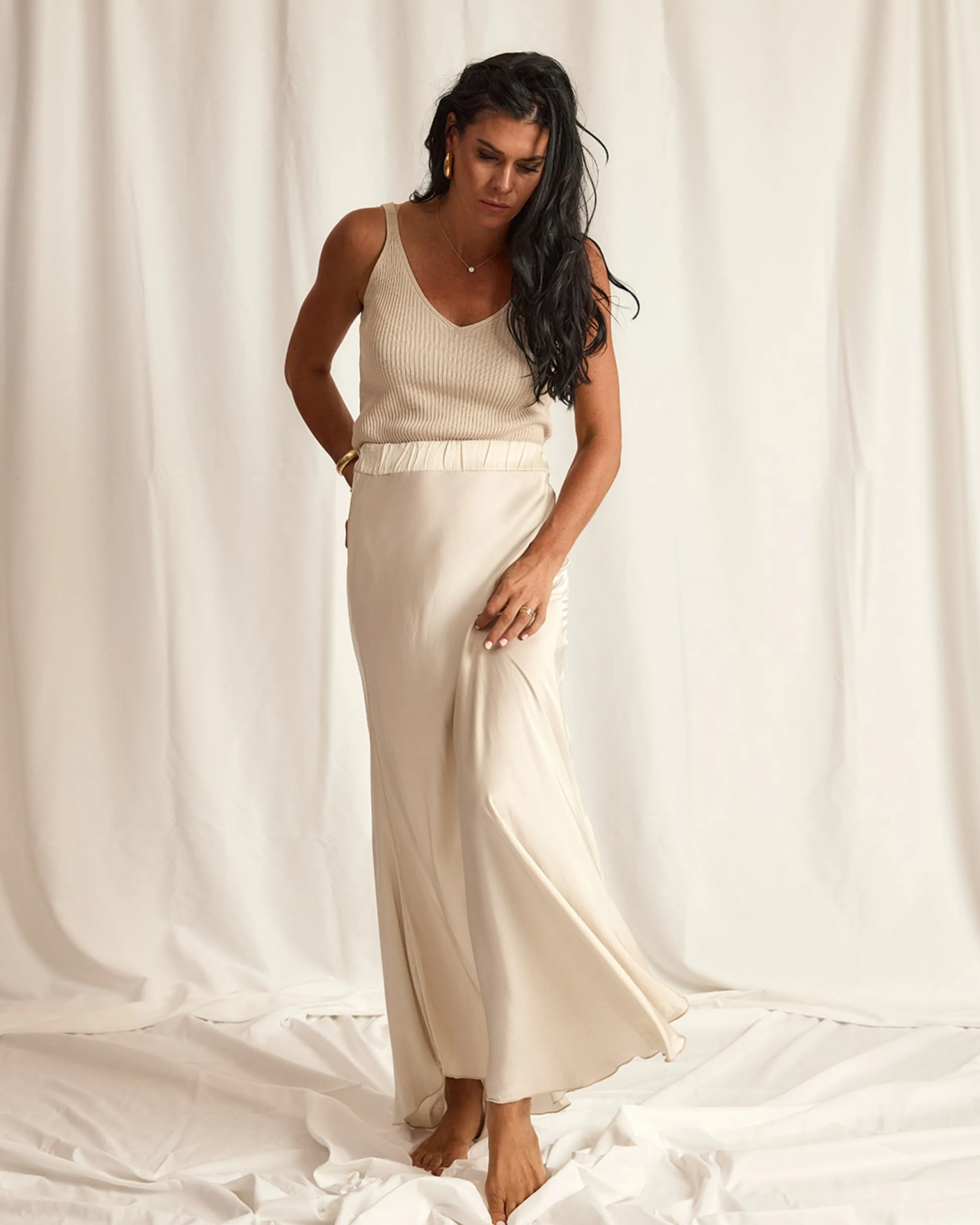 RUCHED WAIST MAXI SKIRT | CREAM