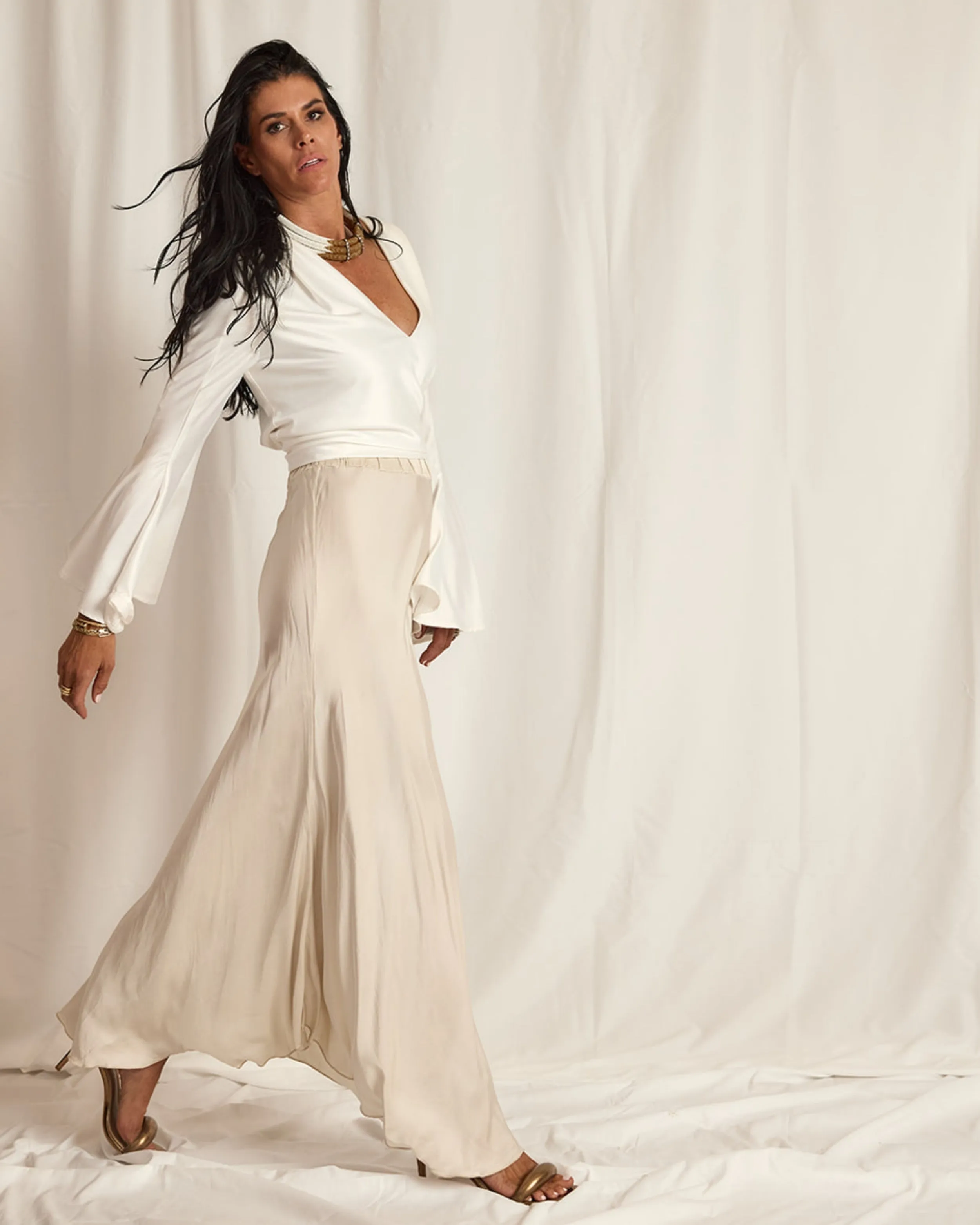 RUCHED WAIST MAXI SKIRT | CREAM