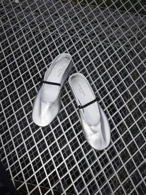 Silver Ballet Flats with Strap