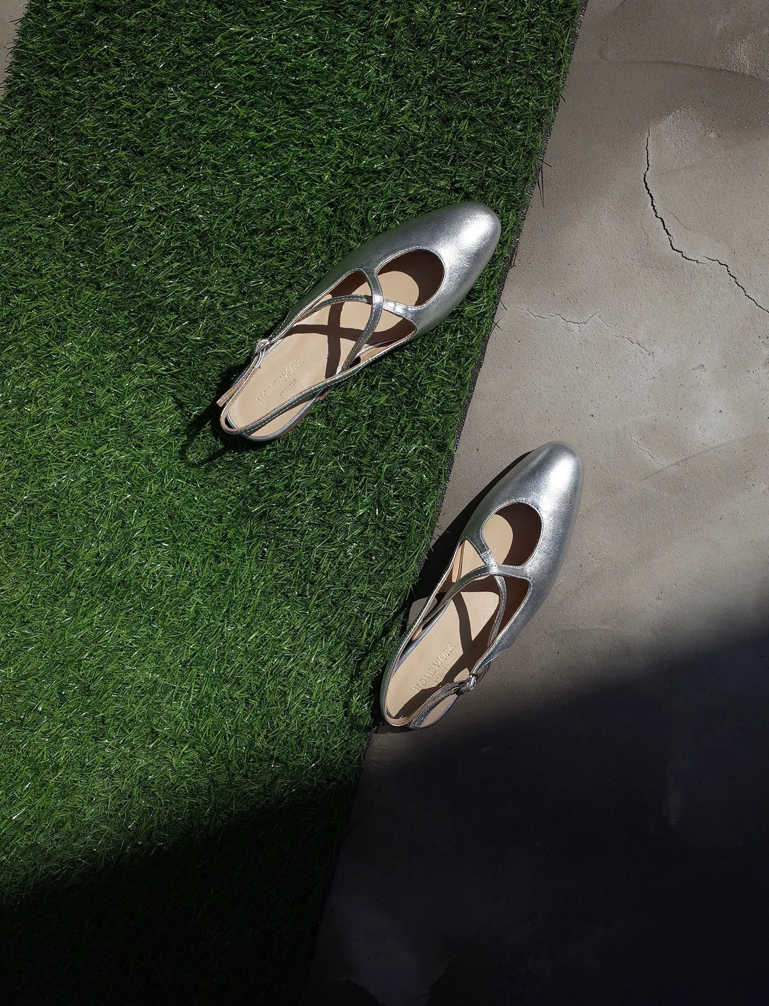 Silver Metallic Cross Strap Flats