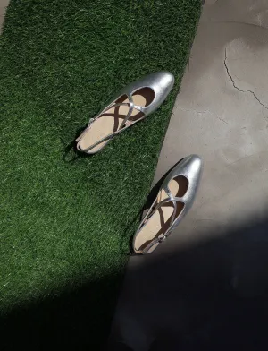 Silver Metallic Cross Strap Flats