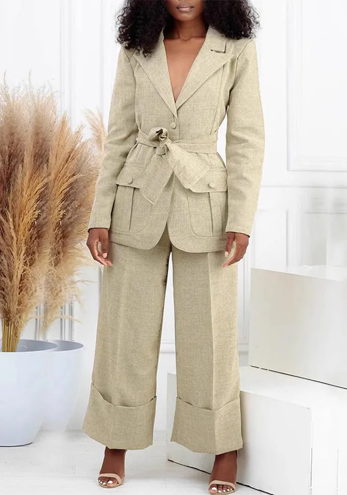 Sophisticated Belted Blazer and Wide-Leg Pant Two-Piece Suit