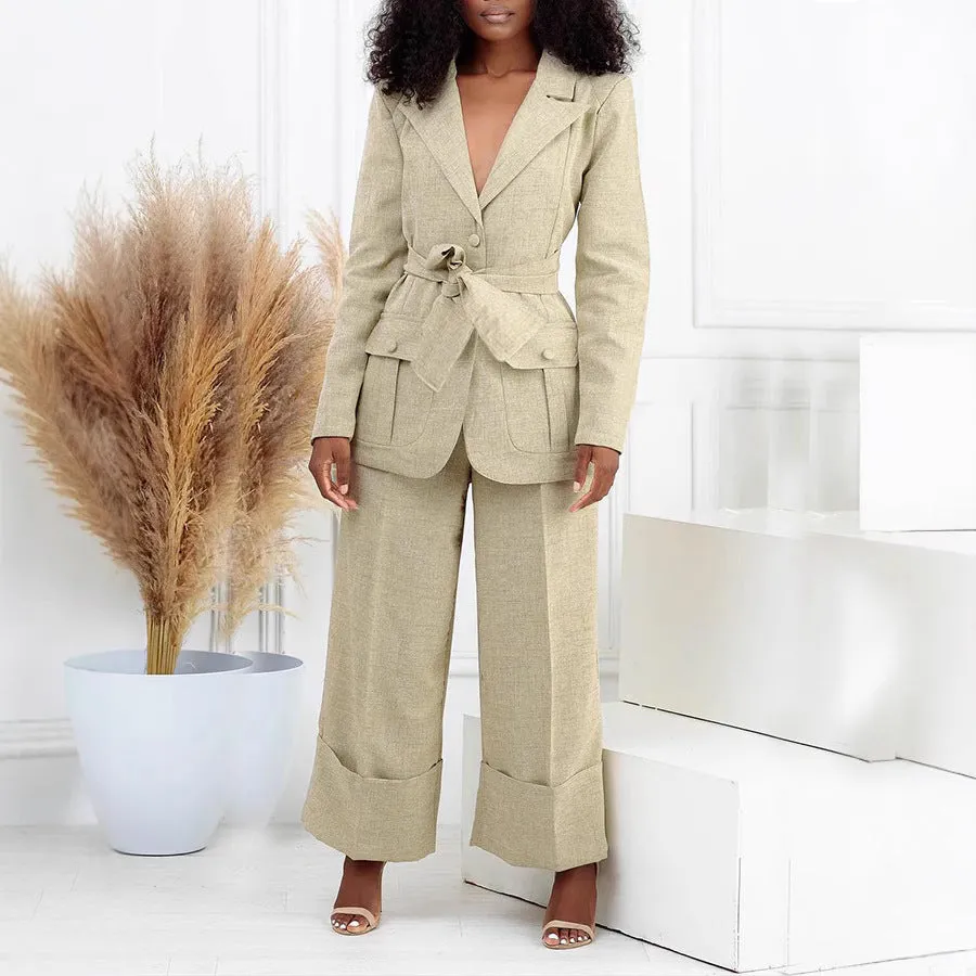 Sophisticated Belted Blazer and Wide-Leg Pant Two-Piece Suit