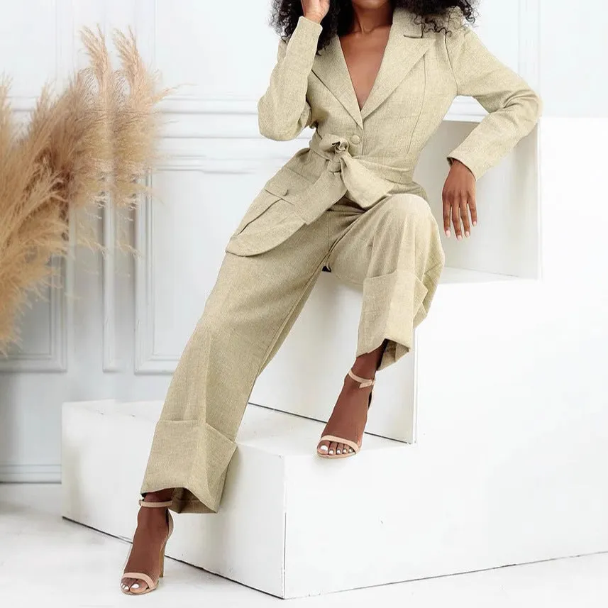 Sophisticated Belted Blazer and Wide-Leg Pant Two-Piece Suit