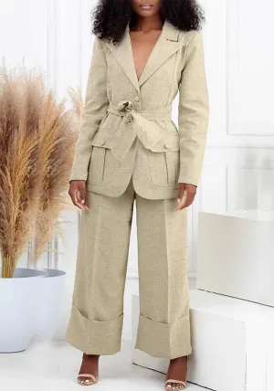 Sophisticated Belted Blazer and Wide-Leg Pant Two-Piece Suit