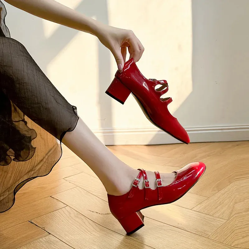 Square Heels Mary Janes Square Toe Med Heels Flats Spring/Autumn Solid Color Women's Shoes Buckle Strap Fashion Ladies Shoes