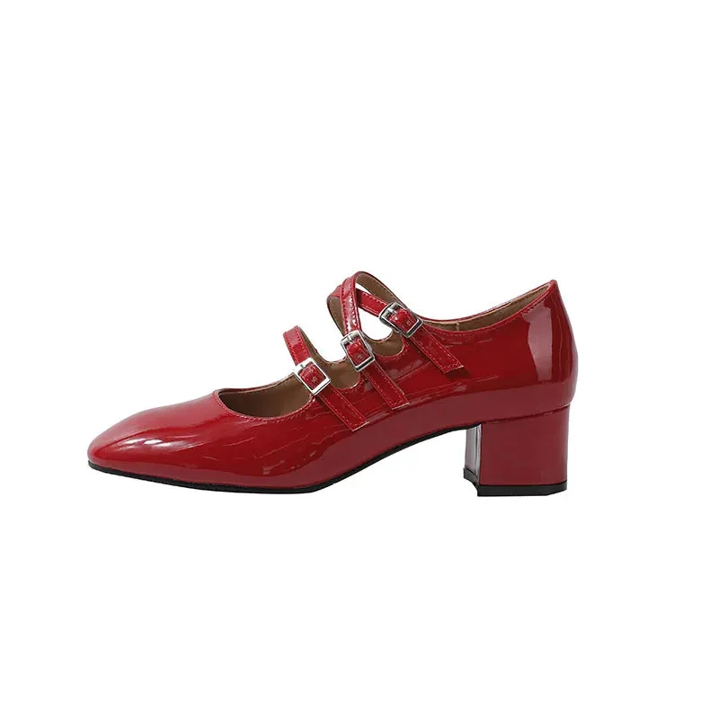 Square Heels Mary Janes Square Toe Med Heels Flats Spring/Autumn Solid Color Women's Shoes Buckle Strap Fashion Ladies Shoes