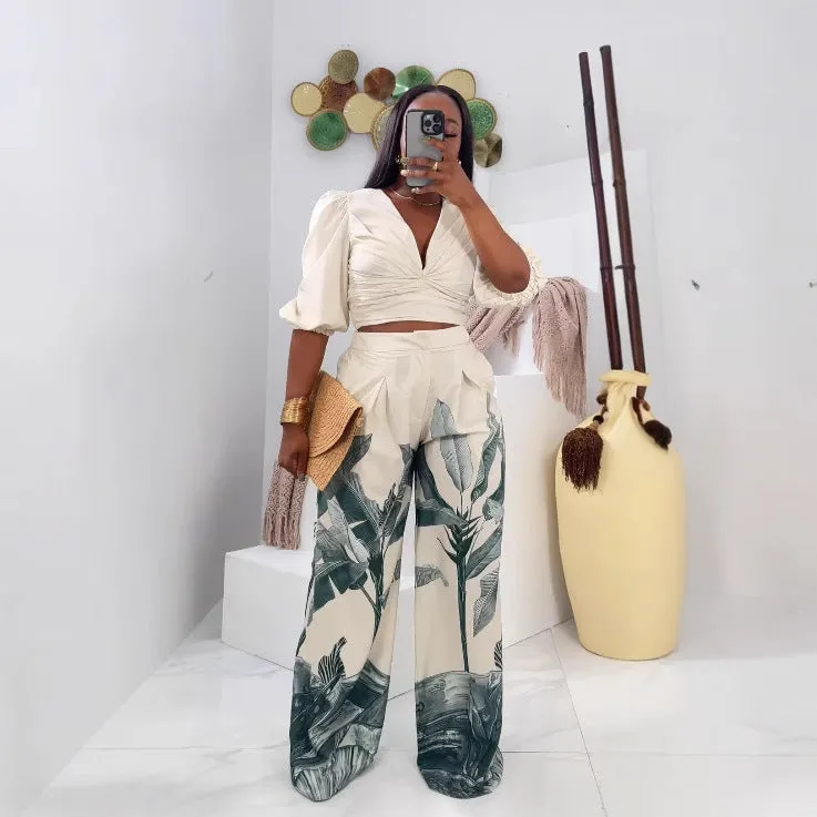 Stylish V-Neck Lantern Sleeve Top and Printed Wide-Leg Pants Suit for Effortless Elegance