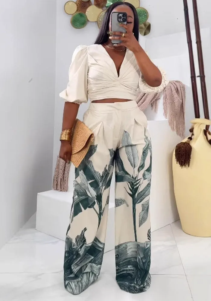 Stylish V-Neck Lantern Sleeve Top and Printed Wide-Leg Pants Suit for Effortless Elegance