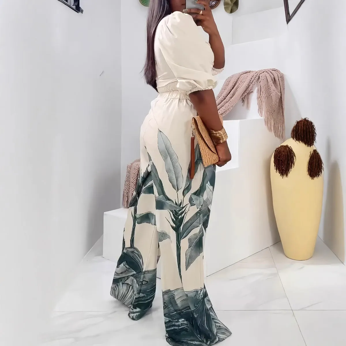 Stylish V-Neck Lantern Sleeve Top and Printed Wide-Leg Pants Suit for Effortless Elegance