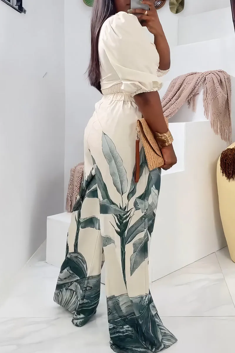 Stylish V-Neck Lantern Sleeve Top and Printed Wide-Leg Pants Suit for Effortless Elegance