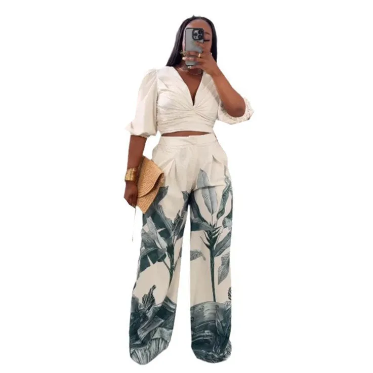 Stylish V-Neck Lantern Sleeve Top and Printed Wide-Leg Pants Suit for Effortless Elegance