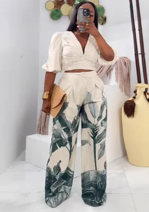 Stylish V-Neck Lantern Sleeve Top and Printed Wide-Leg Pants Suit for Effortless Elegance