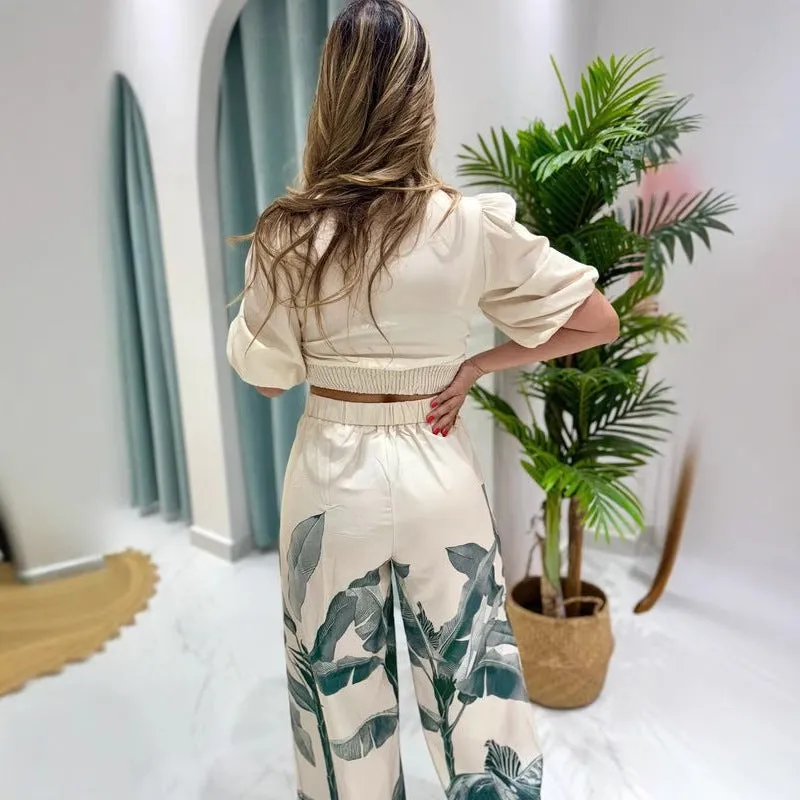 Stylish V-Neck Lantern Sleeve Top and Printed Wide-Leg Pants Suit for Effortless Elegance