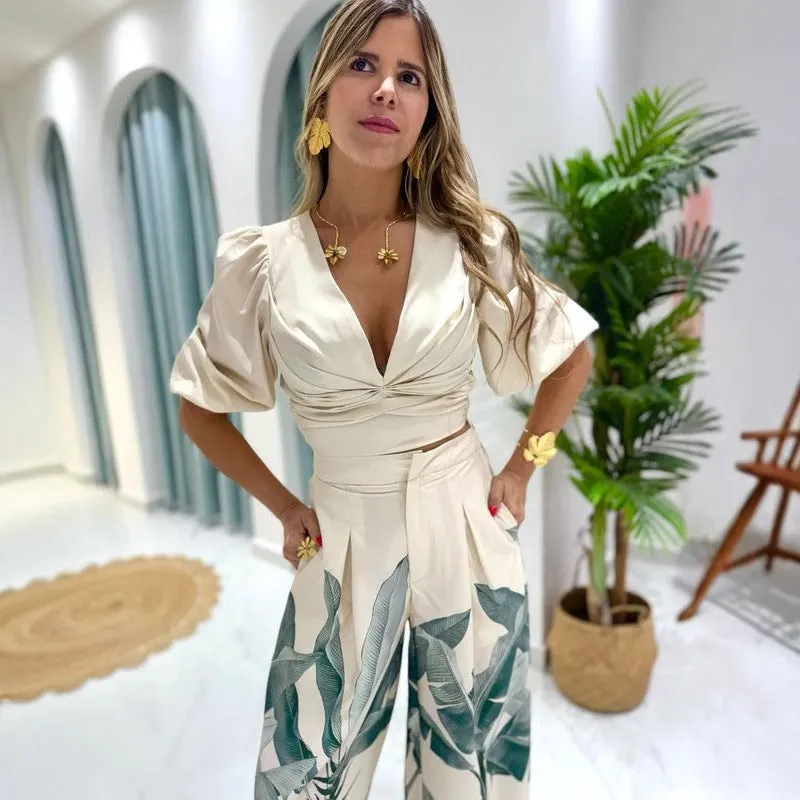 Stylish V-Neck Lantern Sleeve Top and Printed Wide-Leg Pants Suit for Effortless Elegance