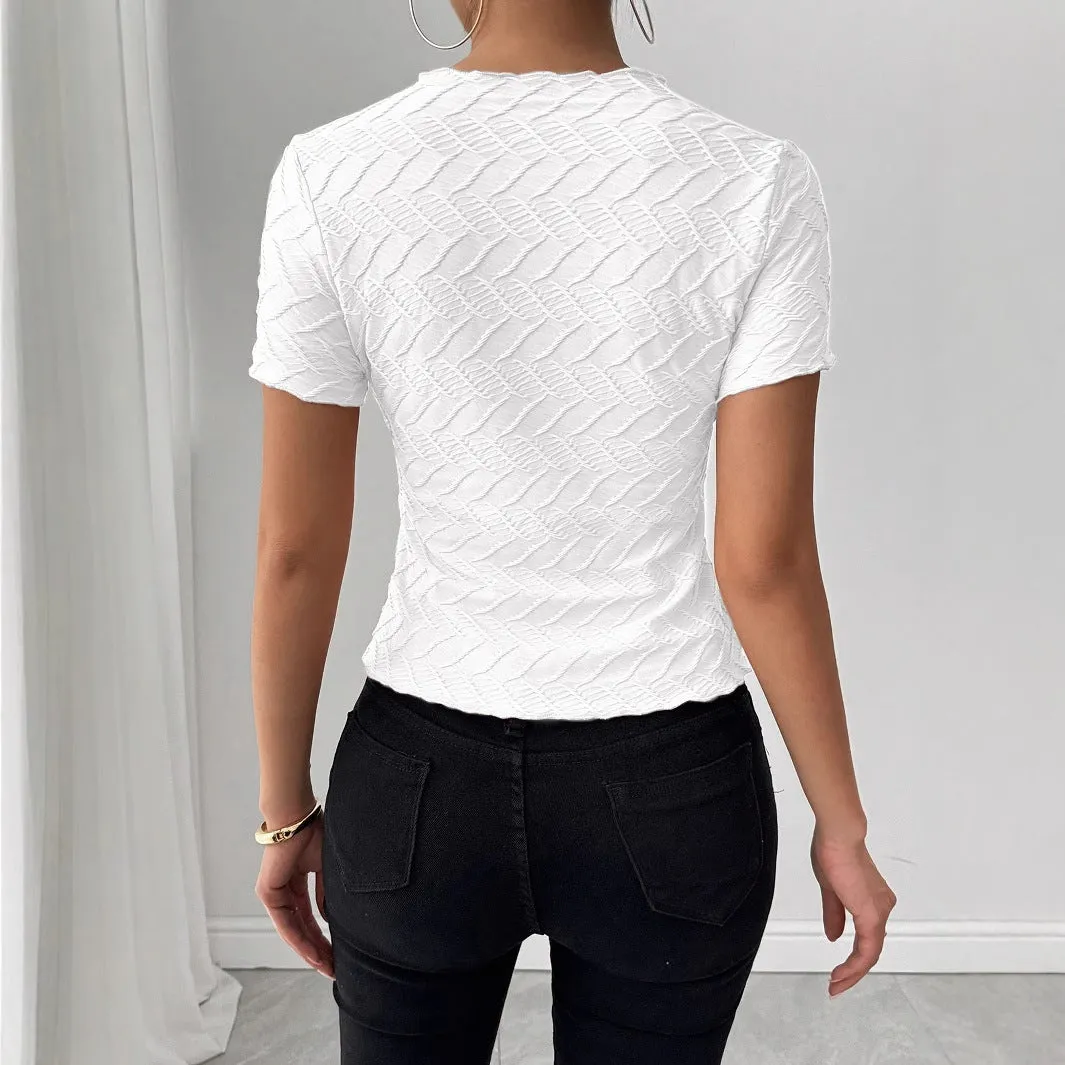 Summer New Texture Solid Color Round Neck Short Sleeve Commuter Style Ladies Top