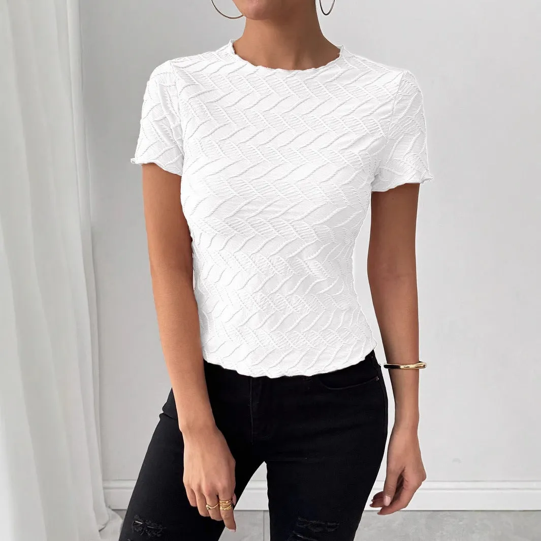 Summer New Texture Solid Color Round Neck Short Sleeve Commuter Style Ladies Top