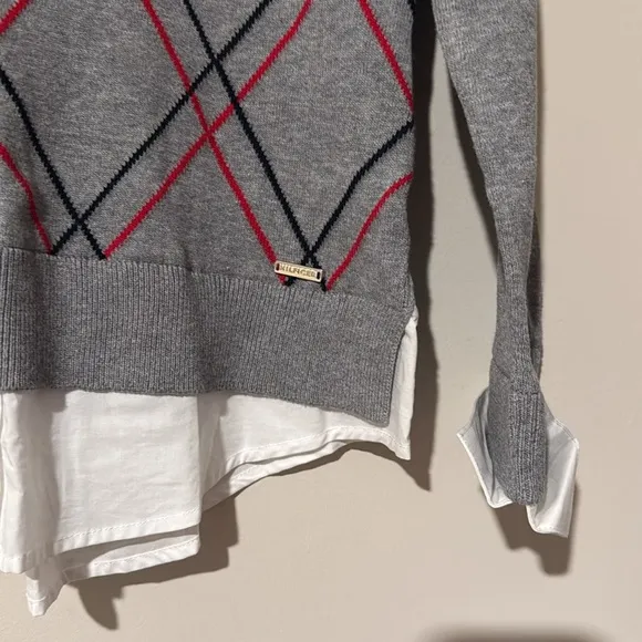 Tommy Hilfiger Womens Gray Argyle Layered-Look Pullover Sweater NWT size XS