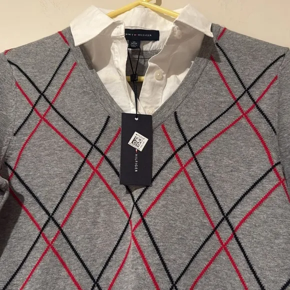 Tommy Hilfiger Womens Gray Argyle Layered-Look Pullover Sweater NWT size XS