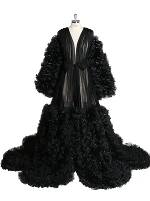 V Neck Ruffle Puffy Long Sleeve Luxury Robe