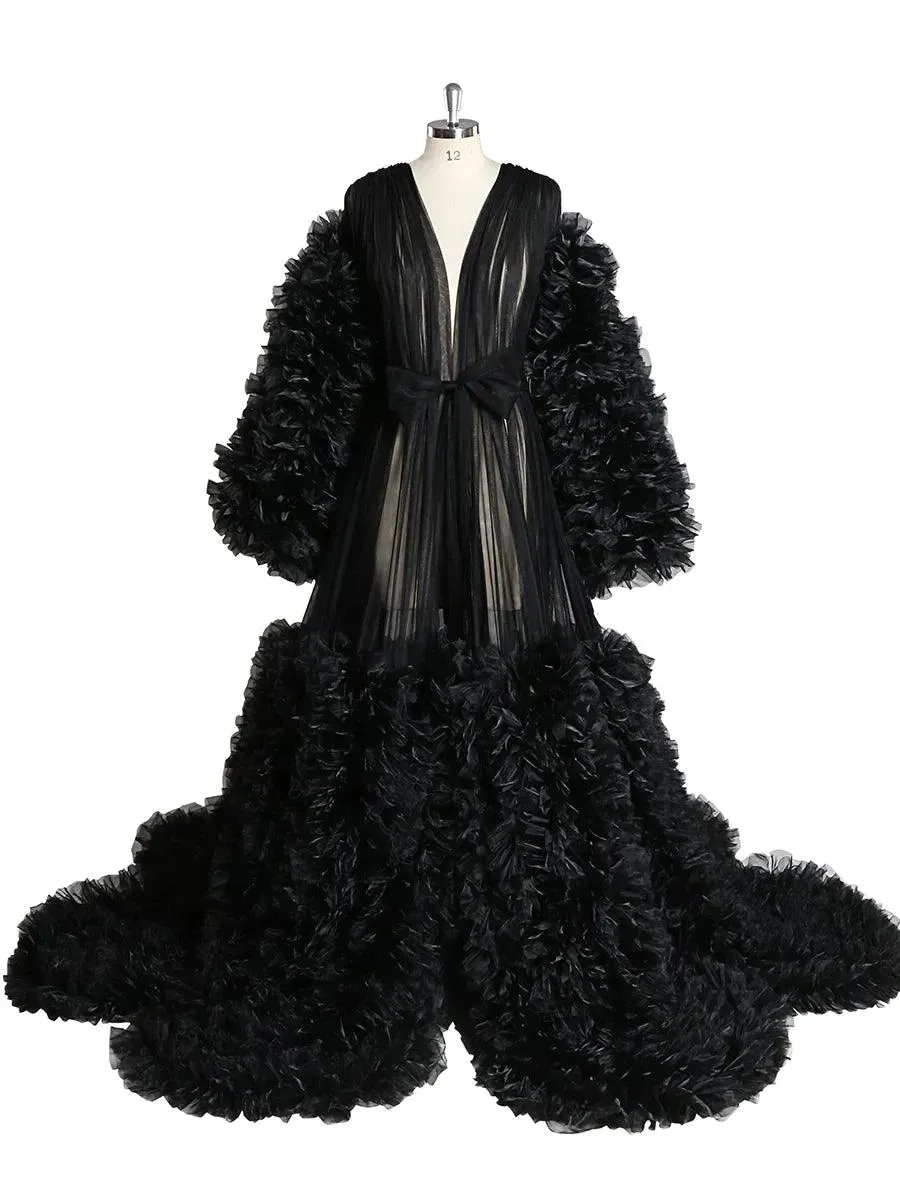 V Neck Ruffle Puffy Long Sleeve Luxury Robe