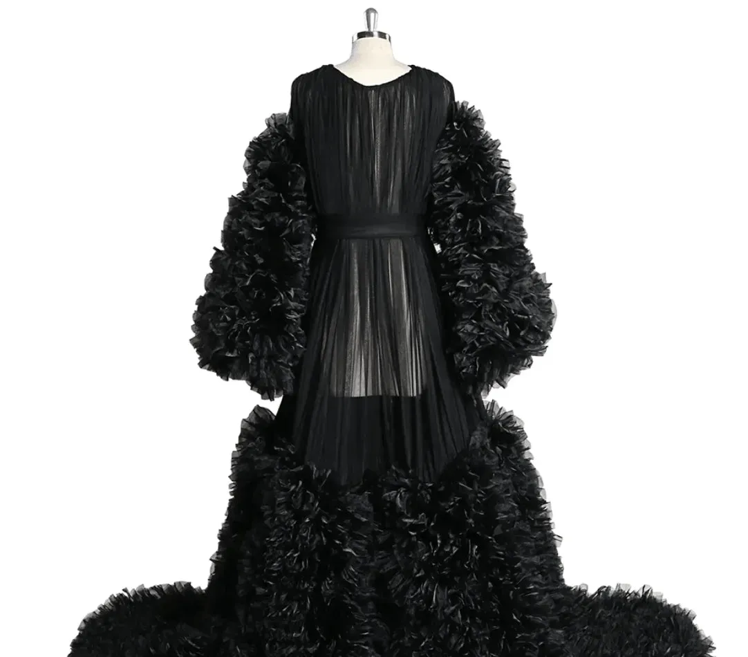 V Neck Ruffle Puffy Long Sleeve Luxury Robe