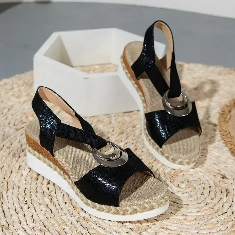 Velvet Shoes Med High Heel Sandal for Women Open Toe Suit Female Beige Large Size Clogs Wedge Muffins shoe Buckle Strap Suede Me