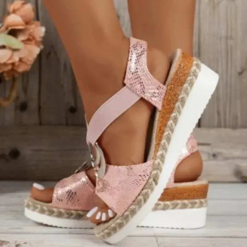 Velvet Shoes Med High Heel Sandal for Women Open Toe Suit Female Beige Large Size Clogs Wedge Muffins shoe Buckle Strap Suede Me