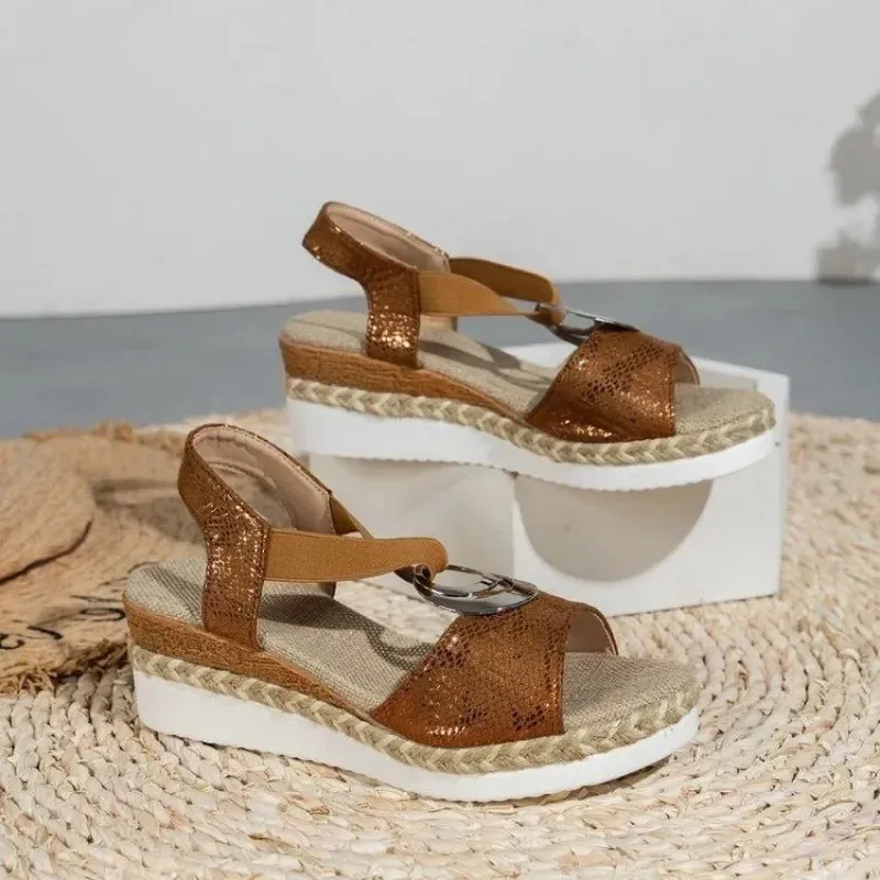 Velvet Shoes Med High Heel Sandal for Women Open Toe Suit Female Beige Large Size Clogs Wedge Muffins shoe Buckle Strap Suede Me