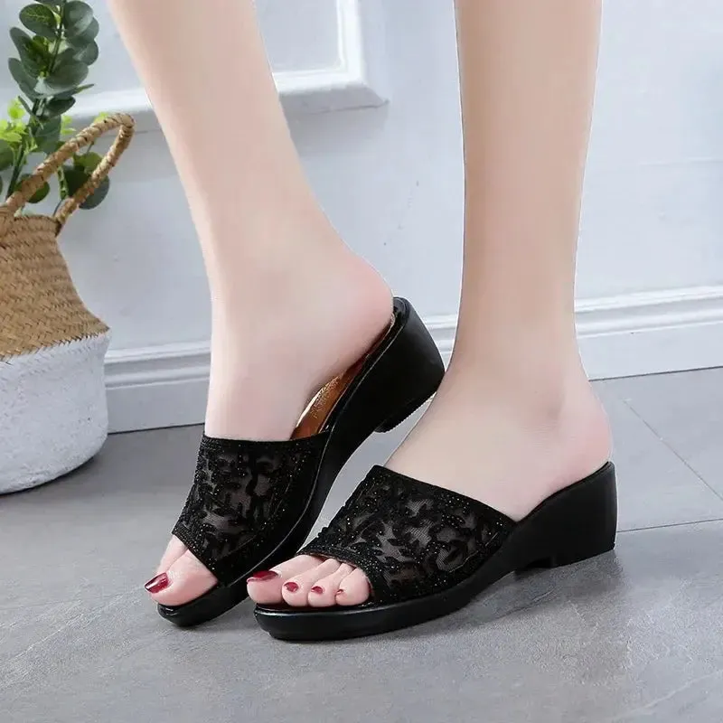 Wedge soft sole high mesh sandals flip-flop sandals thick sole non-slip lazy slippers