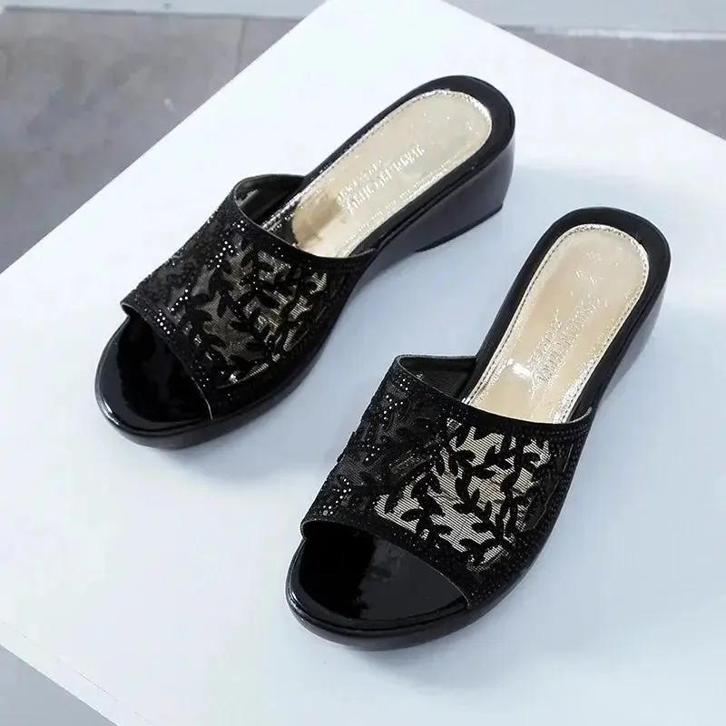 Wedge soft sole high mesh sandals flip-flop sandals thick sole non-slip lazy slippers