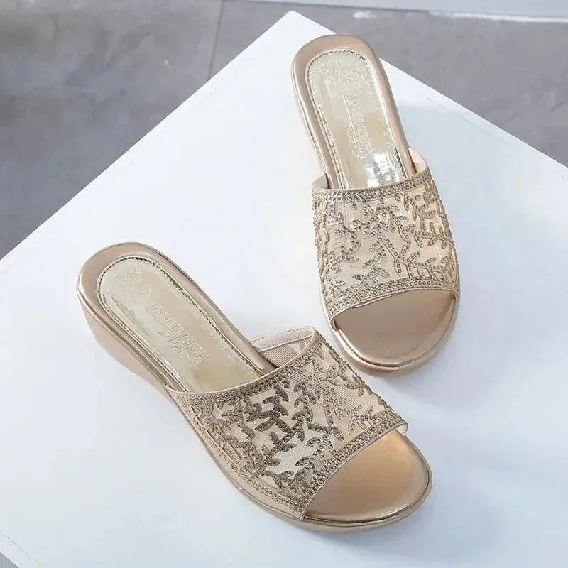 Wedge soft sole high mesh sandals flip-flop sandals thick sole non-slip lazy slippers