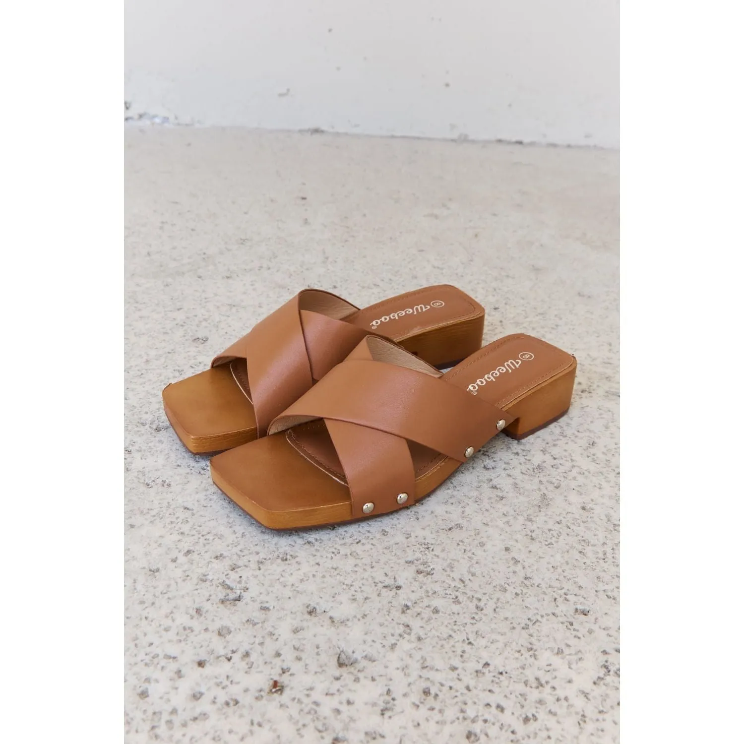 Weeboo Step Into Summer Criss Cross Wooden Clog Mule in Brown
