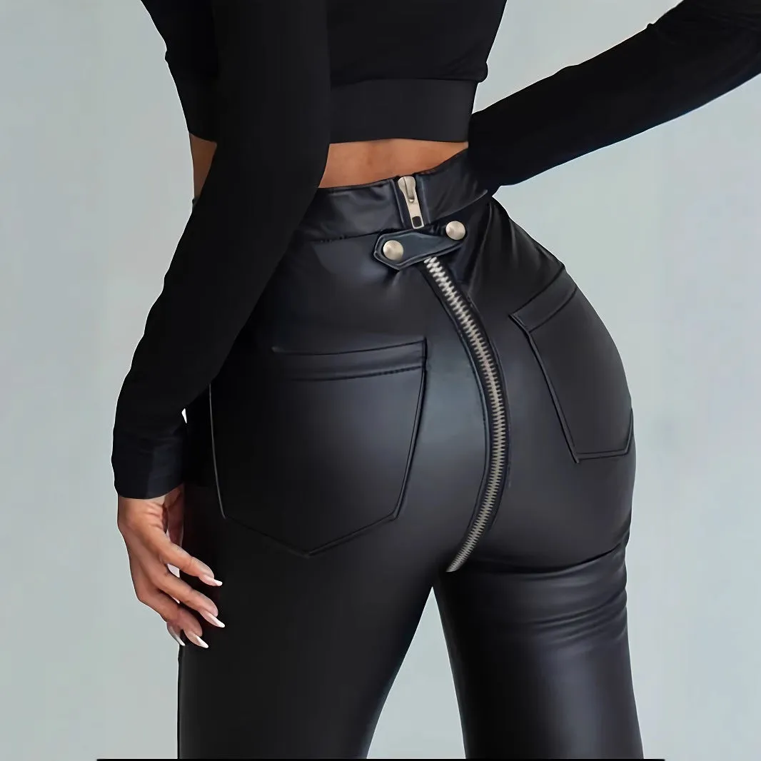 Zipper Slim PU Black Trousers Fashion Casual Tight-Fitting Leather Pants