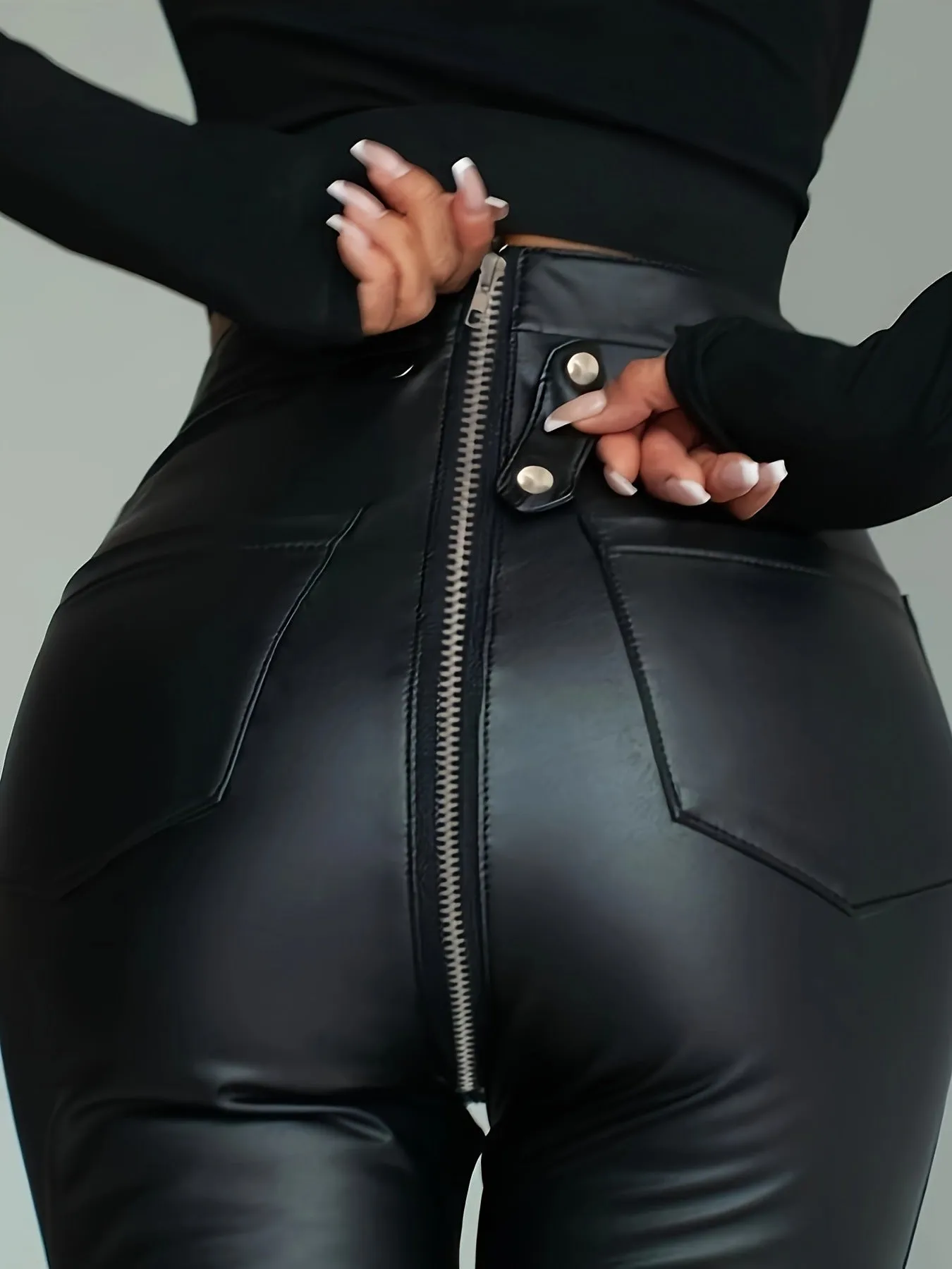 Zipper Slim PU Black Trousers Fashion Casual Tight-Fitting Leather Pants